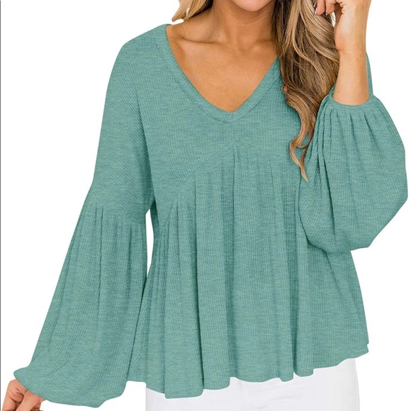 Clarisbelle Women V Neck Puff Sleeve Waffle Knit Peplum Tops - Picture 2 of 8